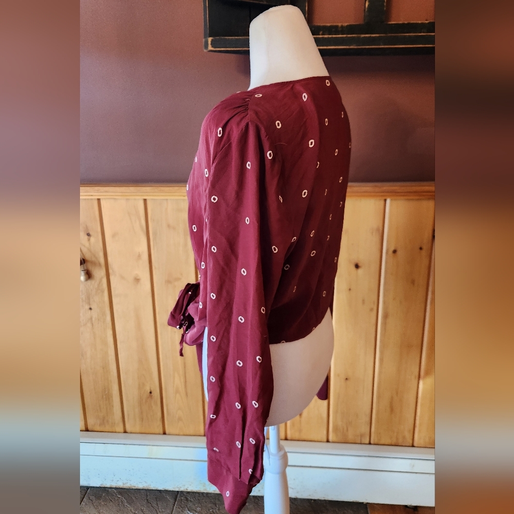 J.Crew Tie Front 100% Silk Top in Burgundy Dot Size Large - Picture 4 of 9